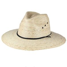 Natural palm leaf safari style hat. Dented and pinched crown. Downward sloping, slightly curving brim, 3.5" wide. Elastic inner comfort band. Naturally sun protective, and water resistant. 100% palm fiber. Product of Mexico. Luxury Palm Leaf Sun Hat With Flat Brim, Luxury Adjustable Palm Leaf Sun Hat, Luxury Palm Leaf Summer Hat, Luxury Palm Leaf Hats For Beach, Gardening Hat, Safari Hat, Safari Style, Palm Leaf, Palm Leaves