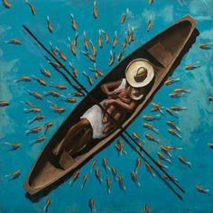 a painting of two people in a canoe surrounded by fish