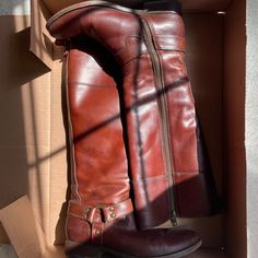 Frye Melissa Harness Knee High Boots In Redwood. Italian Leather- Leather Lined- Leather Outsole- Full Inside Zip - 16 1/4" Shaft Height- 14 1/2" Shaft Circumference- 1" Heel Height Knee High Boots, Italian Leather, Knee High, Heel Height, Fashion Inspo, Women Shoes, Boots, Heels, Women Shopping