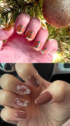 Easy Gingerbread Nails, Christmas Nail Gingerbread, Gingerbread Nail Ideas, Gingerbread Manicure, Christmas Gel Nails Ideas, Simple Gingerbread Nails, Gingerbread Men Nails, Christmas Tree Cake Nails, Christmas Nails Gingerbread Man