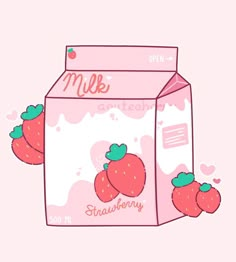 a carton of milk with strawberries on the front and side, in pink