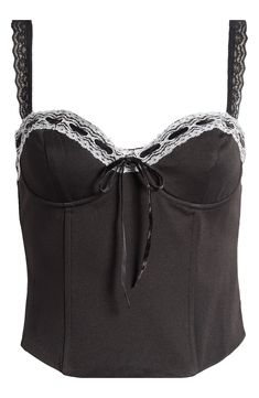 Lacy trim at the neckline and straps adds to the glam of this satin corset top that's sure to add a touch of romance to any ensemble it's paired with. 11" center front length (size Medium) Sweetheart neck Adjustable straps Lined 100% polyester Dry clean Imported Satin Corset With Built-in Bra For Night Out, Elegant Corset With Adjustable Straps For Party, Elegant Party Corset With Adjustable Straps, Camisole Corset With Lace Trim For Parties, Party Camisole Corset With Lace Trim, Black Corset With Adjustable Straps And Sweetheart Neckline, Fitted Satin Finish Camisole For Party, Black Satin Underbust Corset Dress, Evening Underbust Corset With Lace Trim