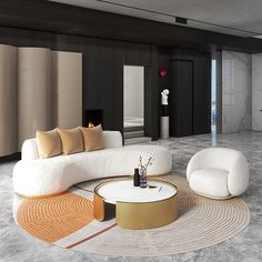 a modern living room with white furniture and black walls