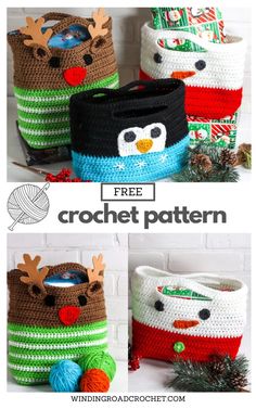 three crocheted bags with reindeer faces on them and the text free crochet pattern