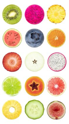 different types of fruit cut in half on a white background