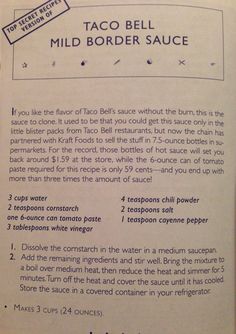 the recipe for taco bell mild border sauce is shown in an open book with instructions on how to make it