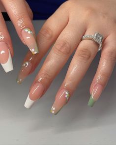 55 Trending Summer Nails to Inspire You Acrylic Nails Nature Designs, Clear Cute Nails, Sculpted Nails Acrylics, Spring Nail Sets Almond, Italy Aesthetic Nails, Spring Nails 2023 Coffin, Nails For A Green Dress, French Tip Medium Nails, Nails That Go With Green Dress