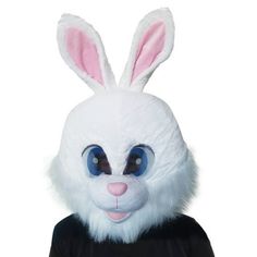 a white bunny mask with blue eyes and pink ears on it's head, wearing a black t - shirt