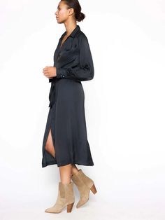 Women's Madsen Midi Shirt Dress, Black Onyx Brochu Walker, Shirt Dress Black, Fitting Skirt, Liquid Satin, Casual Evening, Skirt Midi, Midi Shirt Dress, Black Shirt Dress, Off Black