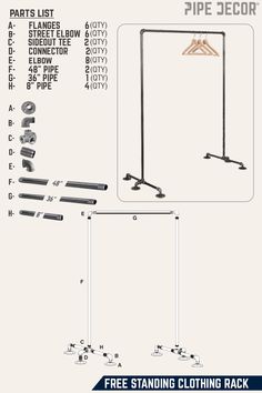 DIY industrial free-standing clothing rack made with PIPE DECOR® pipes and fittings, displayed with hangers. Standing Clothing Rack, Cozy Industrial Decor, Wardrobe Build, Shelf Clothing Rack, Vintage Industrial Interior, Industrial Clothing Rack, Pipe Desk, Clothing Racks, Industrial Style Decor