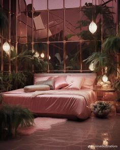 a bed with pink sheets and pillows in front of a large window filled with potted plants