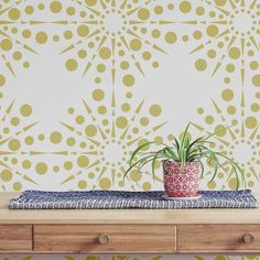 a potted plant sitting on top of a wooden table next to a wallpaper