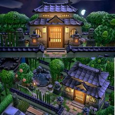 two pictures of the same house in different stages of being decorated with plants and lights