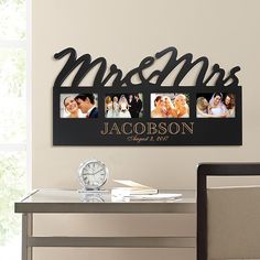 a couple's personalized family photo hanging on a wall next to a clock