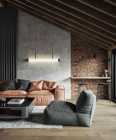 a living room filled with furniture next to a brick wall and wooden floored walls