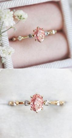 two different views of an engagement ring in a box with flowers on the inside and outside