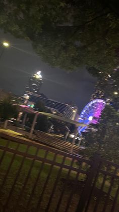 the ferris wheel is lit up at night in front of the cityscape and trees