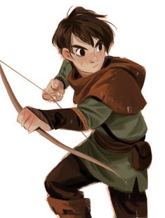 a drawing of a young man holding a bow and arrow