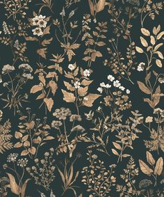 a black and gold floral wallpaper with leaves, flowers, and plants on it