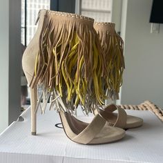 Nwt Never Worn High Heels - 4.25in Cream Suede Heels For Summer, Spring Fringe Open Toe Heels, Gold Suede Heels For Summer, Gold Suede Heels For Spring, Yellow Suede Heels For Spring, Spring Yellow Suede Heels, Yellow Suede Closed Toe Heels, Yellow Suede Pointed Toe Heels, Yellow Suede Heels With Pointed Toe