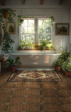 a bath tub sitting next to a window filled with potted plants on top of a rug