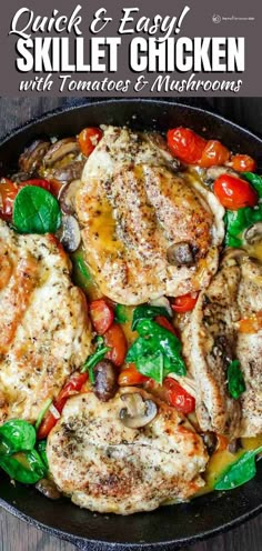 skillet chicken with tomatoes, mushrooms and spinach in a cast iron skillet