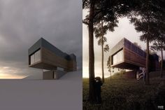 two photographs side by side one with a house and the other with trees