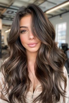 Light Hair Color Ideas For Black Hair, Long Brunette Hair Color Ideas, Brunette With Neutral Highlights, Olive Skin Brunette Hair, Dark Brown Hair With Blended Highlights, Brown Hair Balayage Fall, Cool Brown Tones Hair, Chocolate Hair With Dimension, Dimensional Chocolate Brunette