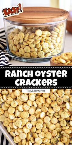 ranch oyster crackers in a glass bowl on a table with black and white stripes