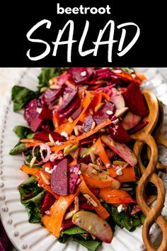 beetroot salad with carrots, radishes and feta cheese on a white plate