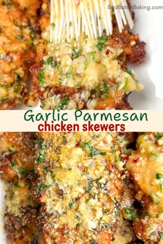 garlic parmesan chicken skewers on a white plate