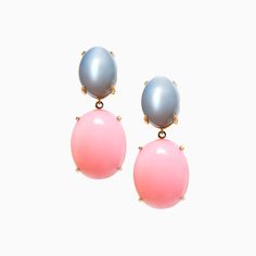 Make an unforgettable entrance in lavish style with this gorgeous pair of natural Peruvian Pink Opal and Grey Moonstone drop earrings that are finely crafted in 18k yellow gold. These sweeping earrings are filled with sensual and intimate shades of grey and pink; and seductive and voluptuous cabochon moonstones bursting with gem quality "Angel Skin" pink opals. One-of-a-kind. 35.31ct natural color grey moonstone 54.22ct natural color Peruvian Pink Opal 18k yellow gold If you have any questions r Luxury Oval Pink Earrings, Luxury Pink Oval Earrings, Elegant Drop Earrings With Cabochon, Pink Gemstone Earrings For Evening, Moonstone Drop Earrings, Grey Moonstone, Angel Skin, Yellow Gold Earrings, Yellow Gold Earring