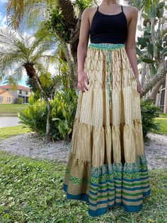 Womens Beige Green Beach Maxi Skirt Patchwork Boho Skirts S/M Bohemian Ankle-length Flowy Skirt, Traditional Long Maxi Skirt For Beach, Traditional Flowy Maxi Skirt For Beach, Bohemian Flowy Floor-length Maxi Skirt, Green Traditional Maxi Skirt For Summer, Traditional Green Maxi Skirt For Summer, Green Bohemian Maxi Skirt For Festival, Bohemian Green Maxi Skirt For Festivals, Bohemian Maxi Skirt For Festivals