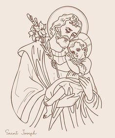 an image of jesus holding a child with flowers in his hand and the words saint joseph above it