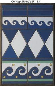 a blue and white tile design with gold accents