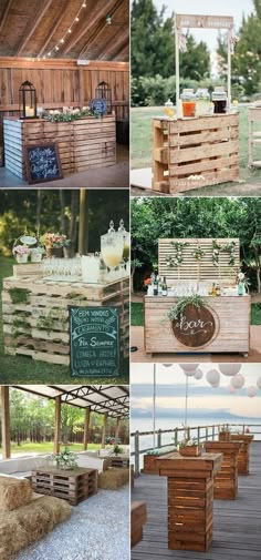 several different pictures of wooden crates with signs on them