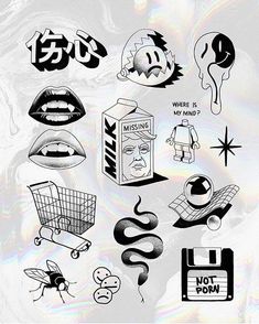 some stickers that are on the back of a white sheet with black and white images