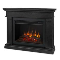 an electric fireplace with flames on the side and black wood frame, isolated against a white background