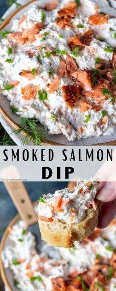 a person holding a piece of bread with salmon on it and the words smoked salmon dip in