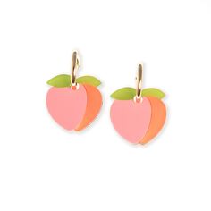 Who doesn't love peaches? Our Peach earrings are a cute and lovely addition to our Fruit Salad collection!  Charm measures 1. 5" x 1" (38mm x 26mm) The pair weighs 8 grams total—that's just a touch more than a quarter or euro coin!  Gold-filled hoop is tarnish resistant and hypoallergenic, keeping sensitive ears comfortable. Hand-made in the By Chavelli studio in NYC. Keep away from extreme heat and wipe clean with water or makeup remover Peach Items, Peach Earrings, Album Ideas, August Birthstone Jewelry, July Birthstone Jewelry, Zodiac Jewelry, Extreme Heat, Jewelry Ring Box, Gifts For New Mums