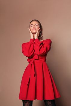 Wrap Dress With Wide Belt-baagr.myshopify.com-dress.-BOJONI Dress With Wide Belt, Bright Palette, Red Wrap Dress, Robes Glamour, Wrap Mini Dress, Suit Dress, Red Suit, Tuxedo Wedding, Wide Belt