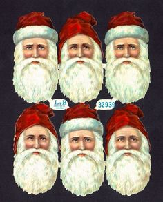 six santa clauss with red hats and beards, each wearing a different hat