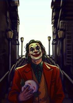 the joker is holding a ball in his hand and wearing a red suit with green accents