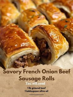 an advertisement for a restaurant called savory french onion beef sausage rolls on parchment paper