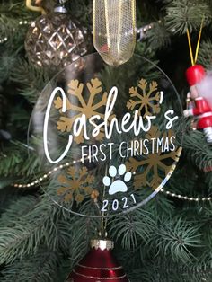 a glass ornament hanging from the top of a christmas tree that says, cashew's first christmas