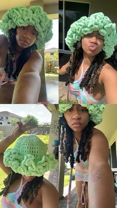 three pictures of a woman with green hair wearing a crochet hat and braids