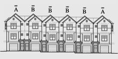 an architectural drawing of a row of houses with the names ab, bba and b