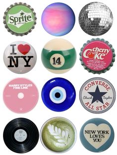 many different types of buttons and labels on a white background with the words happy new york written below them