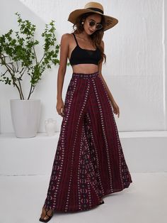 Burgundy Boho Collar  Polyester Tribal Wide Leg Embellished Non-Stretch Spring/Summer/Fall Women Bottoms Earthy Outfits, Estilo Hippie, Boho Style Outfits, Mode Boho, Boho Aesthetic, Boho Chic Outfits, Boho Pants, Printed Wide Leg Pants