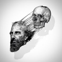 a black and white drawing of a man with a beard next to a dead head